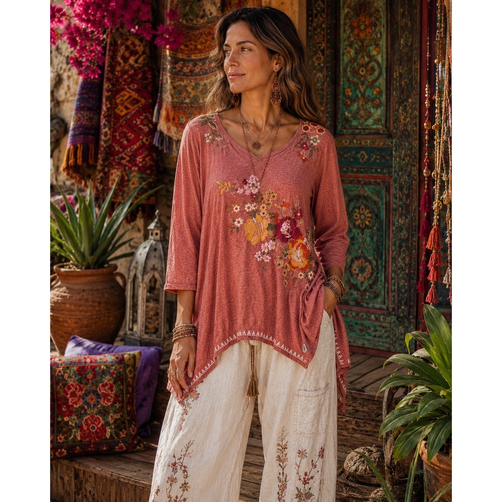 Johnny Was JWLA Embroidered‎ Floral Scoop Neck Relaxed Tunic Tee Shirt Rust L